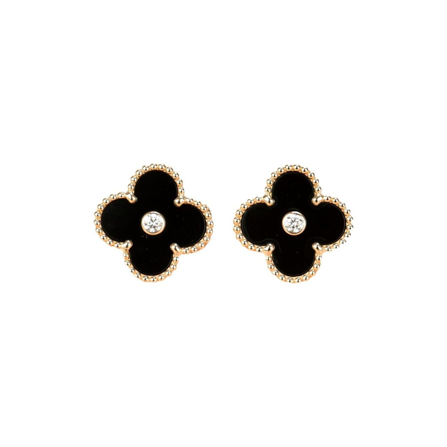 [Rose Jewelrys]CLOVER MEDIUM 1 MOTIFS ONYX DIAMOND EARRINGS