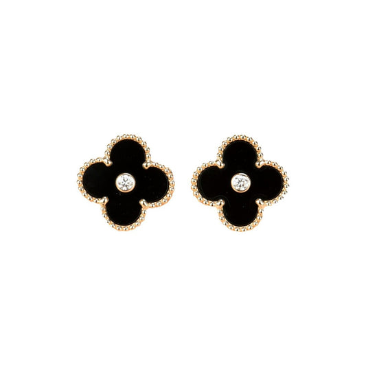 [Rose Jewelrys]CLOVER MEDIUM 1 MOTIFS ONYX DIAMOND EARRINGS
