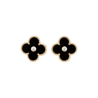 [🌹Rose💎]CLOVER MEDIUM 1 MOTIFS ONYX DIAMOND EARRINGS