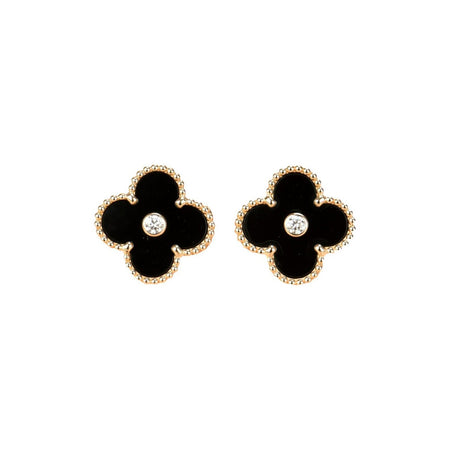 [🌹Rose💎]CLOVER MEDIUM 1 MOTIFS ONYX DIAMOND EARRINGS