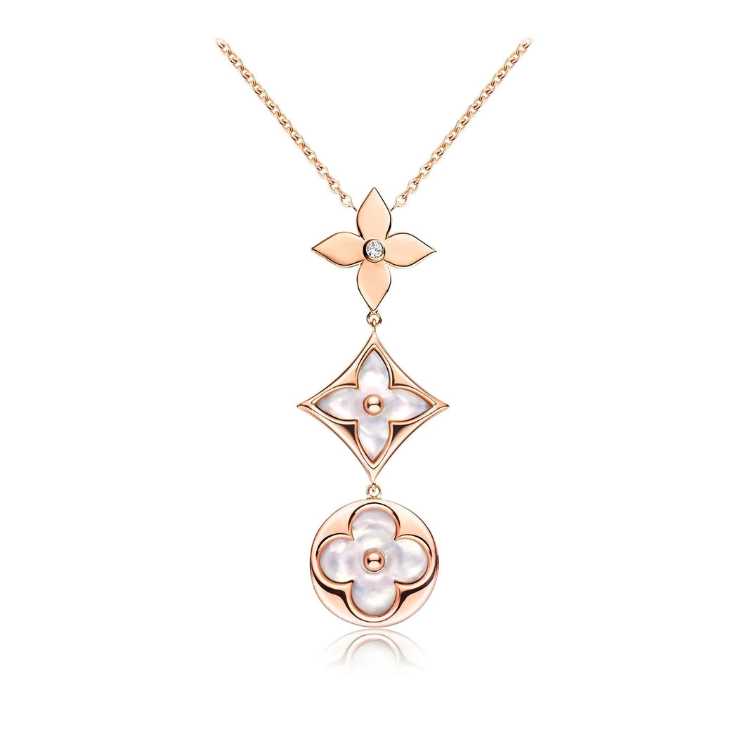 [🌹Rose💎]COLOR BLOSSOM LARIAT NECKLACE PINK GOLD WHITE MOTHER PEARL AND DIAMOND