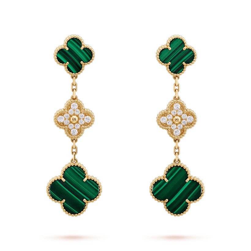[🌹Rose💎]CLOVER EARRINGS GOLD MALACHITE DIAMOND 3 MOTIF