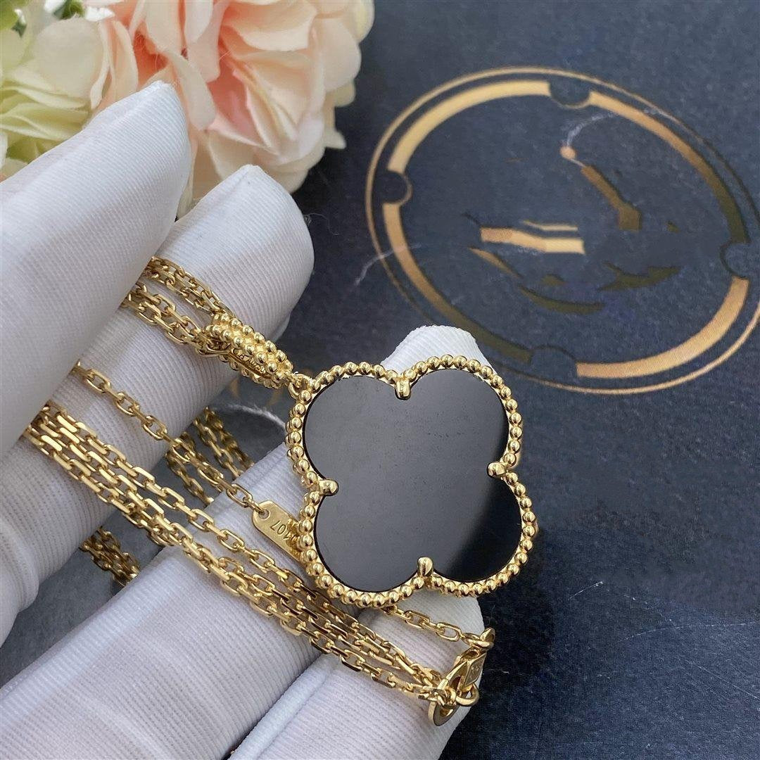 [Rose Jewelrys]CLOVER 25MM GOLD ONYX BIG CLOVER NECKLACE