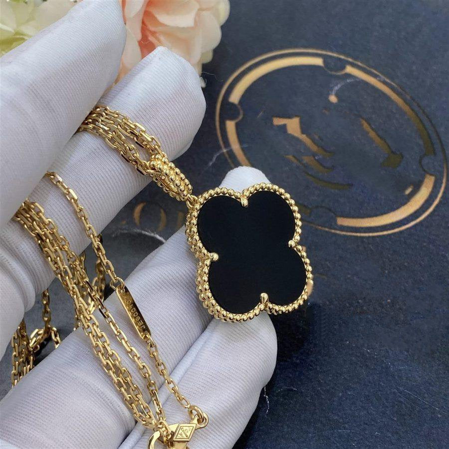 [Rose Jewelrys]CLOVER 25MM GOLD ONYX BIG CLOVER NECKLACE