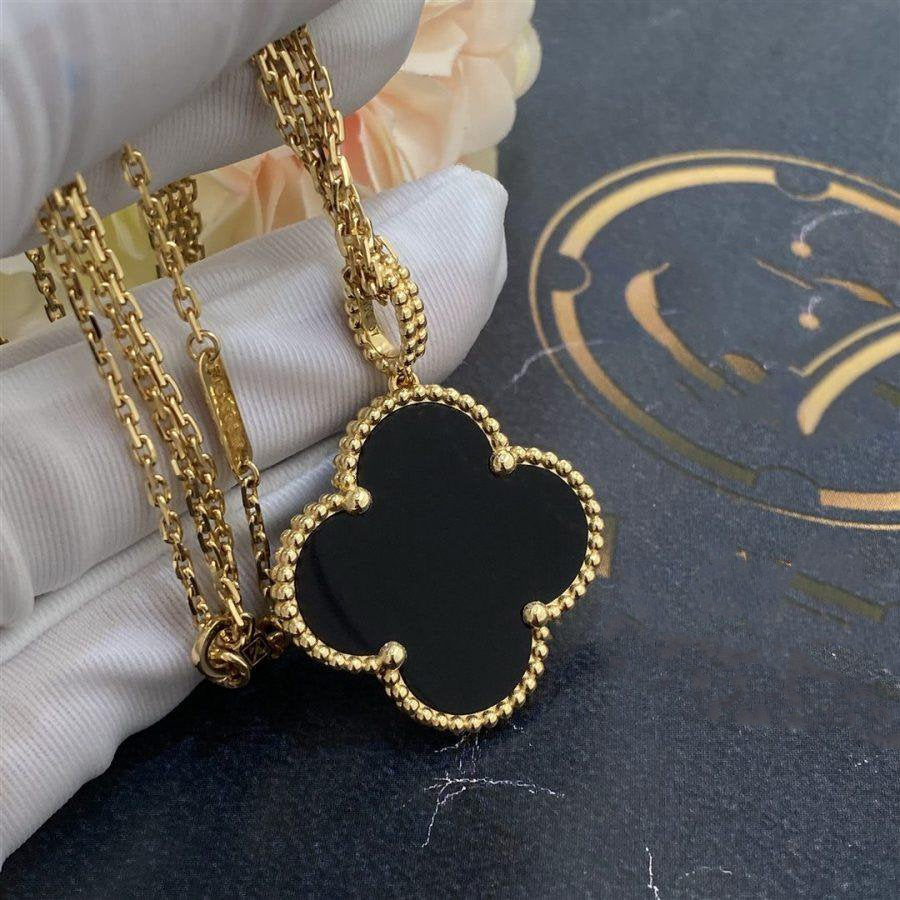 [Rose Jewelrys]CLOVER 25MM GOLD ONYX BIG CLOVER NECKLACE