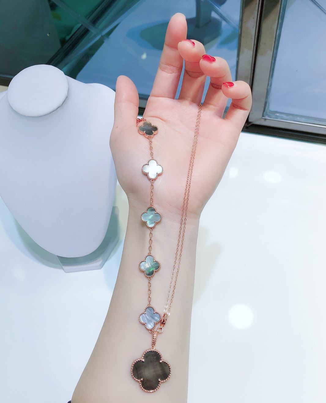 [🌹Rose💎]COMBINED BRACELET 5 MOTIFS AND NECKLACE DARK MOP ROSE GOLD