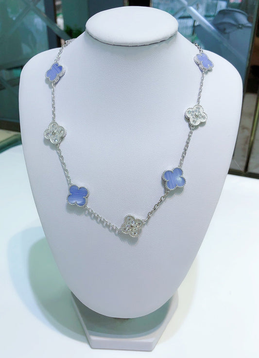 [Rose Jewelrys]CLOVER 10 MOTIFS CHALCEDONY DIAMONDS SILVER NECKLACE