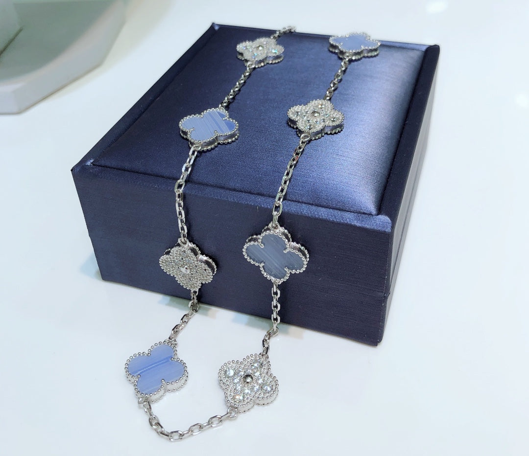 [Rose Jewelrys]CLOVER 10 MOTIFS CHALCEDONY DIAMONDS SILVER NECKLACE