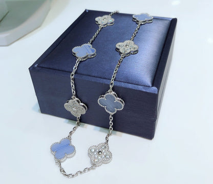 [Rose Jewelrys]CLOVER 10 MOTIFS CHALCEDONY DIAMONDS SILVER NECKLACE