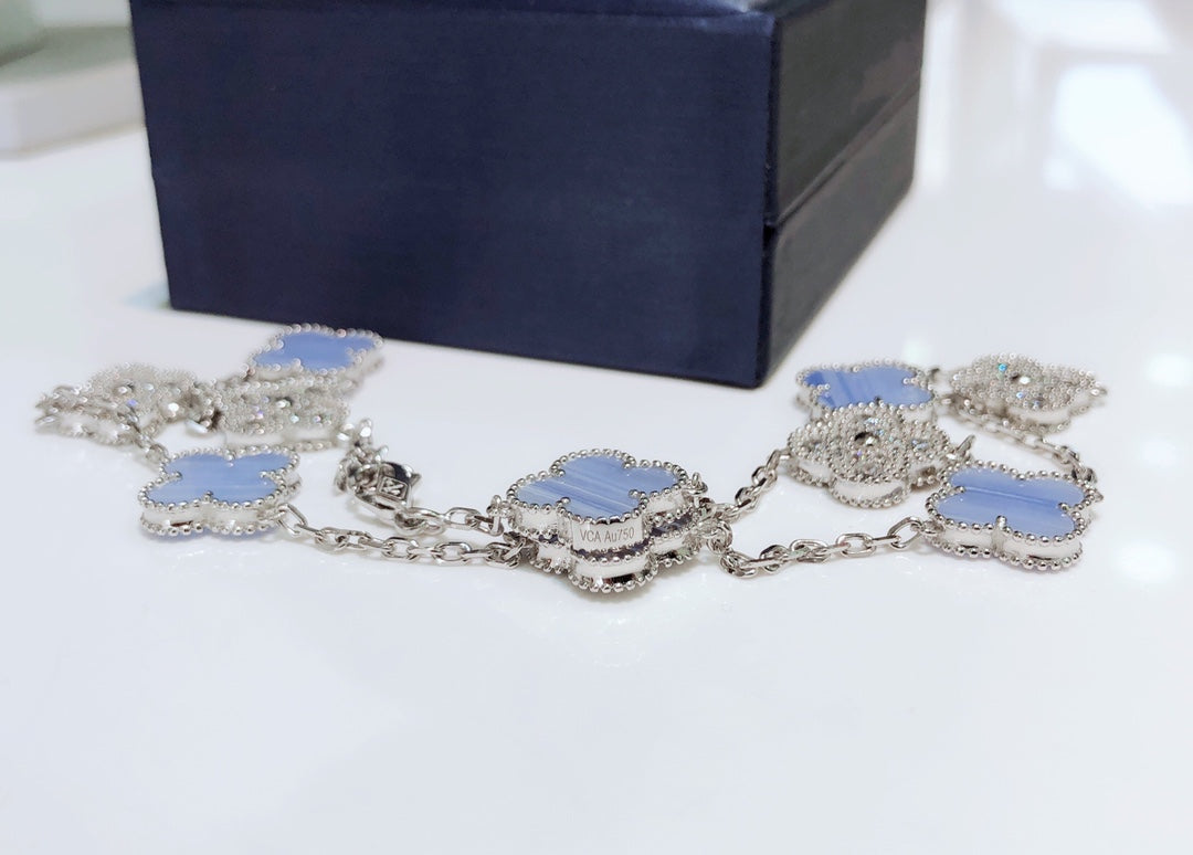 [Rose Jewelrys]CLOVER 10 MOTIFS CHALCEDONY DIAMONDS SILVER NECKLACE