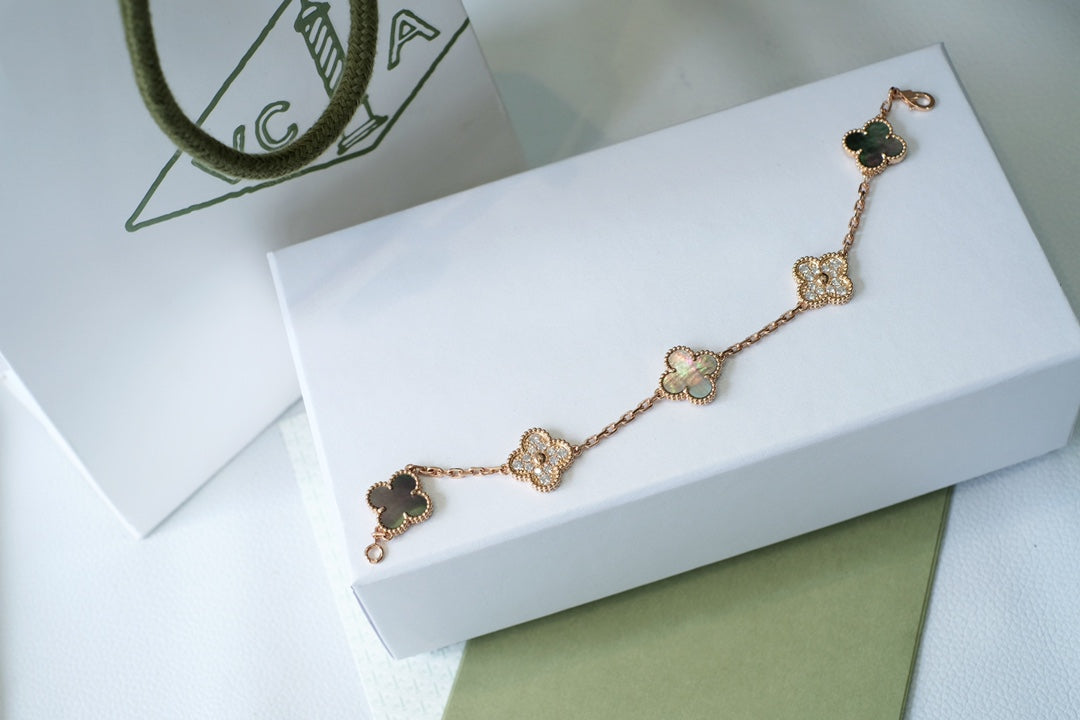 [Rose Jewelrys]CLOVER 5 MOTIFS DARK MOP AND DIAMONDS PINK GOLD BRACELET