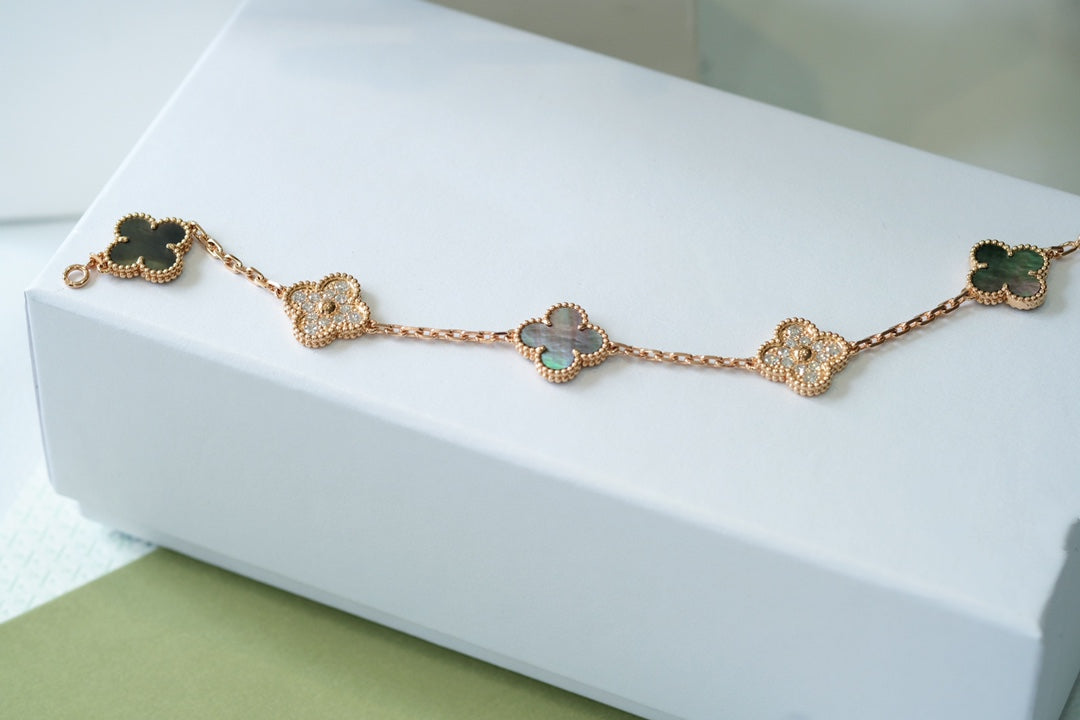 [Rose Jewelrys]CLOVER 5 MOTIFS DARK MOP AND DIAMONDS PINK GOLD BRACELET