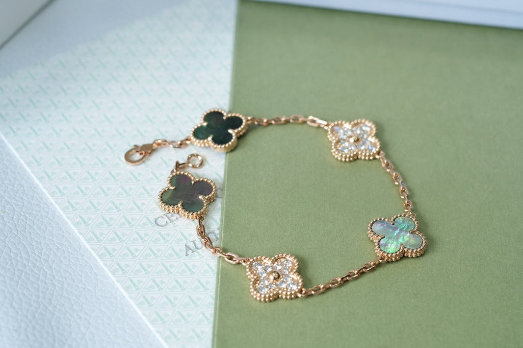 [🌹Rose💎]CLOVER 5 MOTIFS DARK MOP AND DIAMONDS  BRACELET