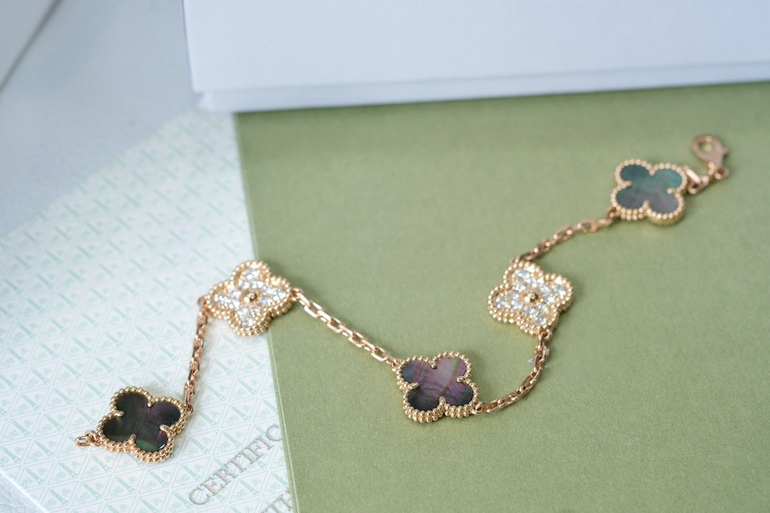 [Rose Jewelrys]CLOVER 5 MOTIFS DARK MOP AND DIAMONDS PINK GOLD BRACELET