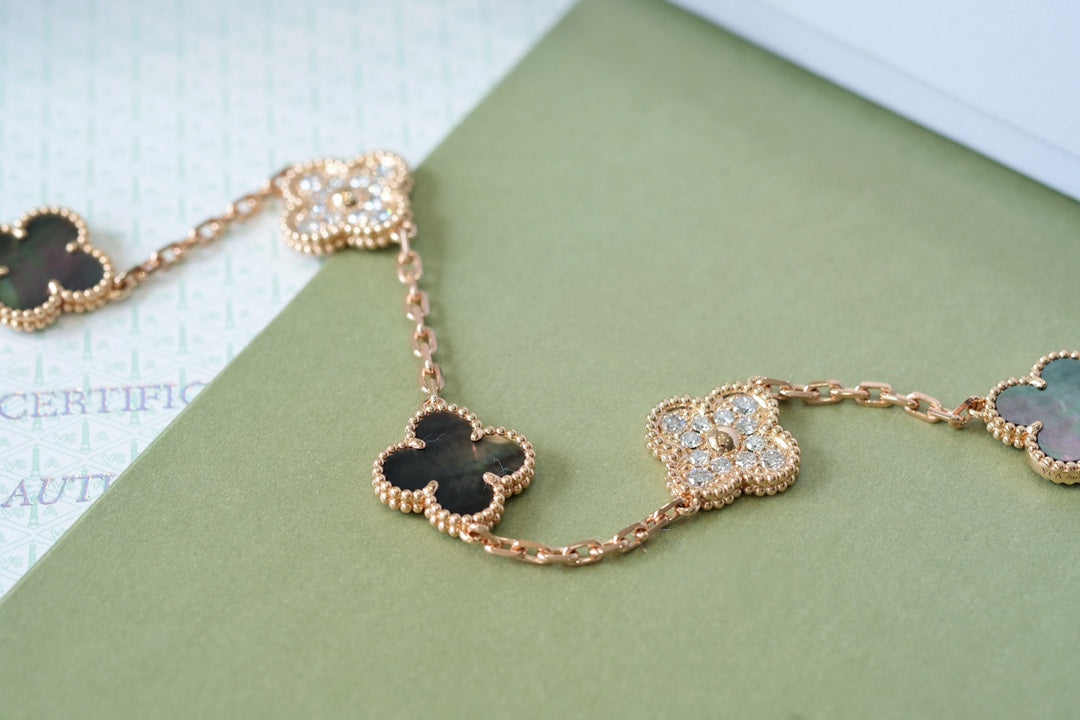 [Rose Jewelrys]CLOVER 5 MOTIFS DARK MOP AND DIAMONDS PINK GOLD BRACELET