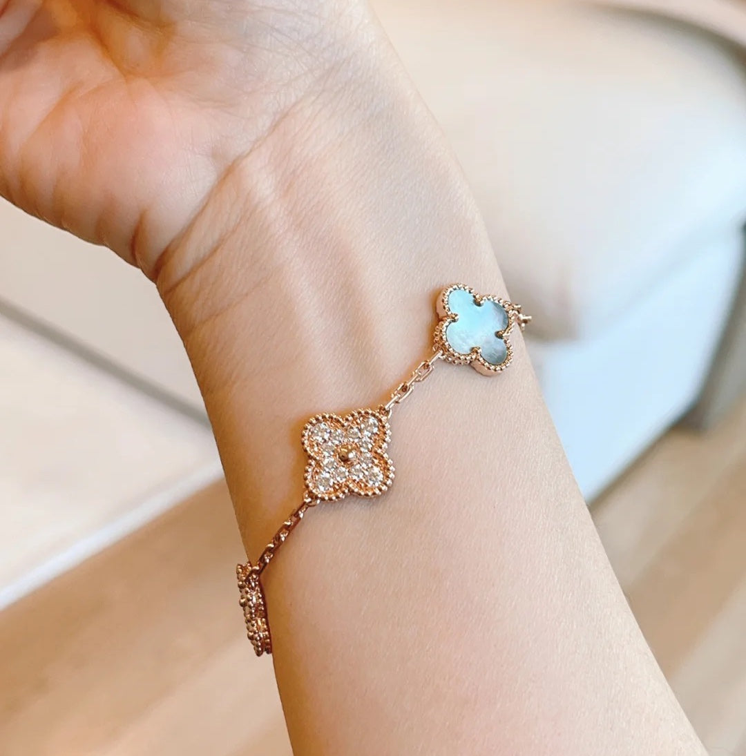 [Rose Jewelrys]CLOVER 5 MOTIFS DARK MOP AND DIAMONDS PINK GOLD BRACELET
