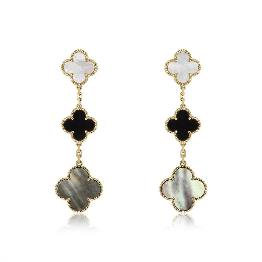 [🌹Rose💎]CLOVER EARRINGS GOLD ONYX MOP 3 MOTIF